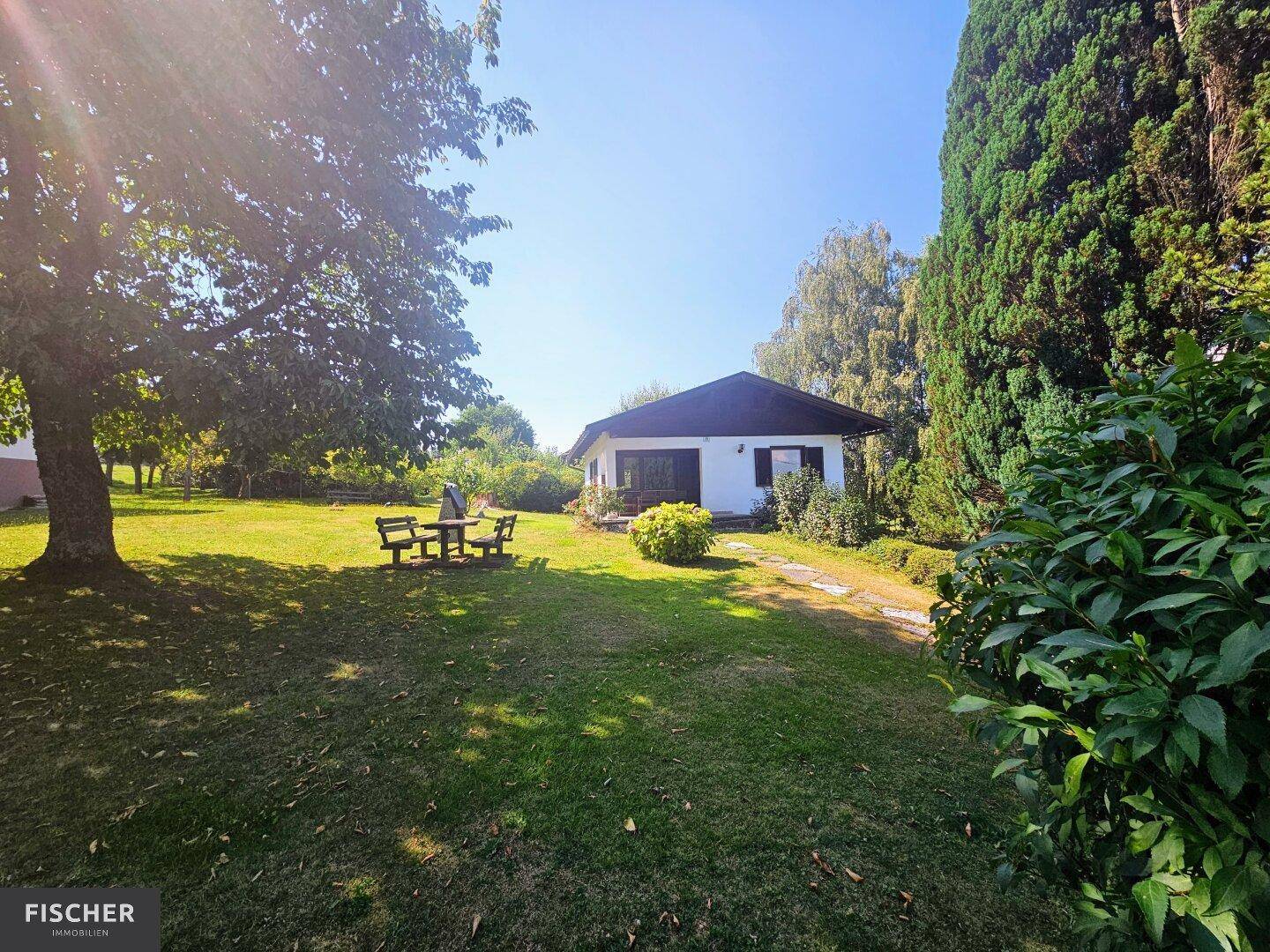 Großzügiger Garten mit Einfamilienhaus, Rasenfläche und altem Baumbestand an einem sonnigen Tag.