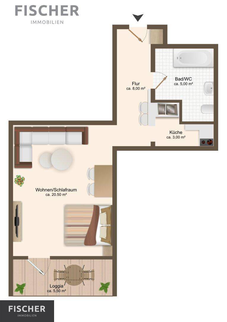 Grundriss einer Wohnung mit Wohn-/Schlafbereich, Küche, Bad und Loggia.