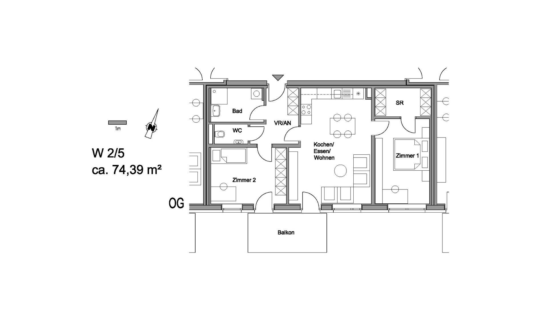 Grundriss der Wohnung W 2/5 mit ca. 74,39 m² und Balkon.