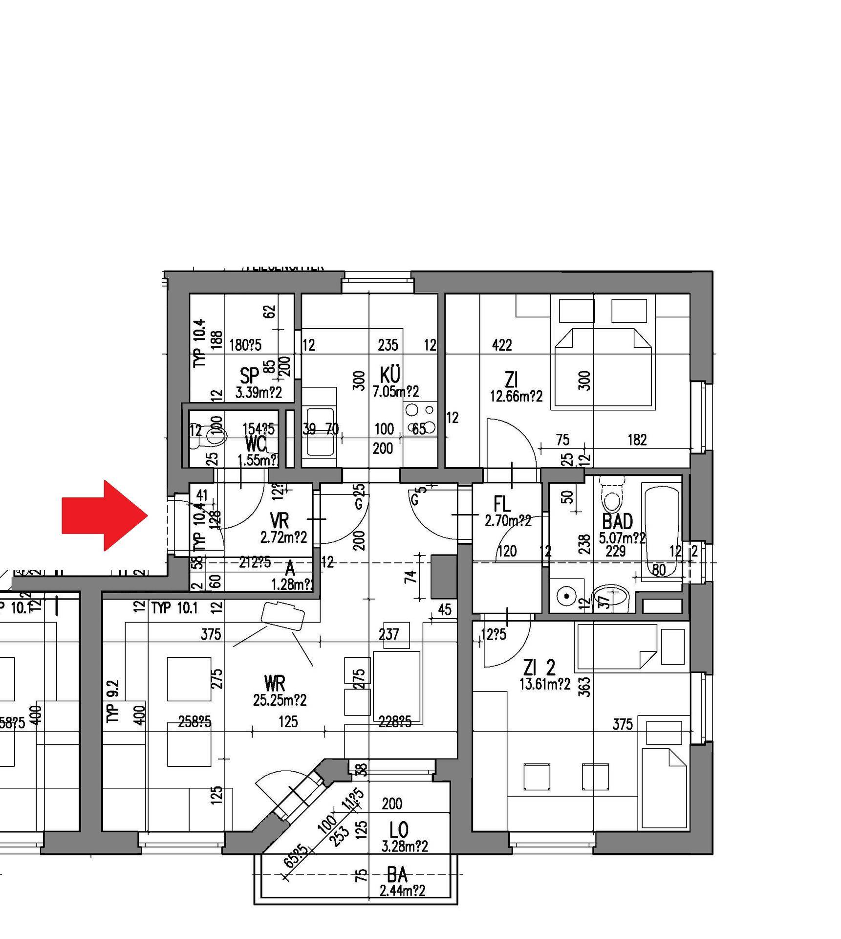 Grundriss einer Wohnung mit Wohnzimmer, Küche, zwei Schlafzimmern, Bad, separatem WC, Abstellraum, Balkon und Loggia.