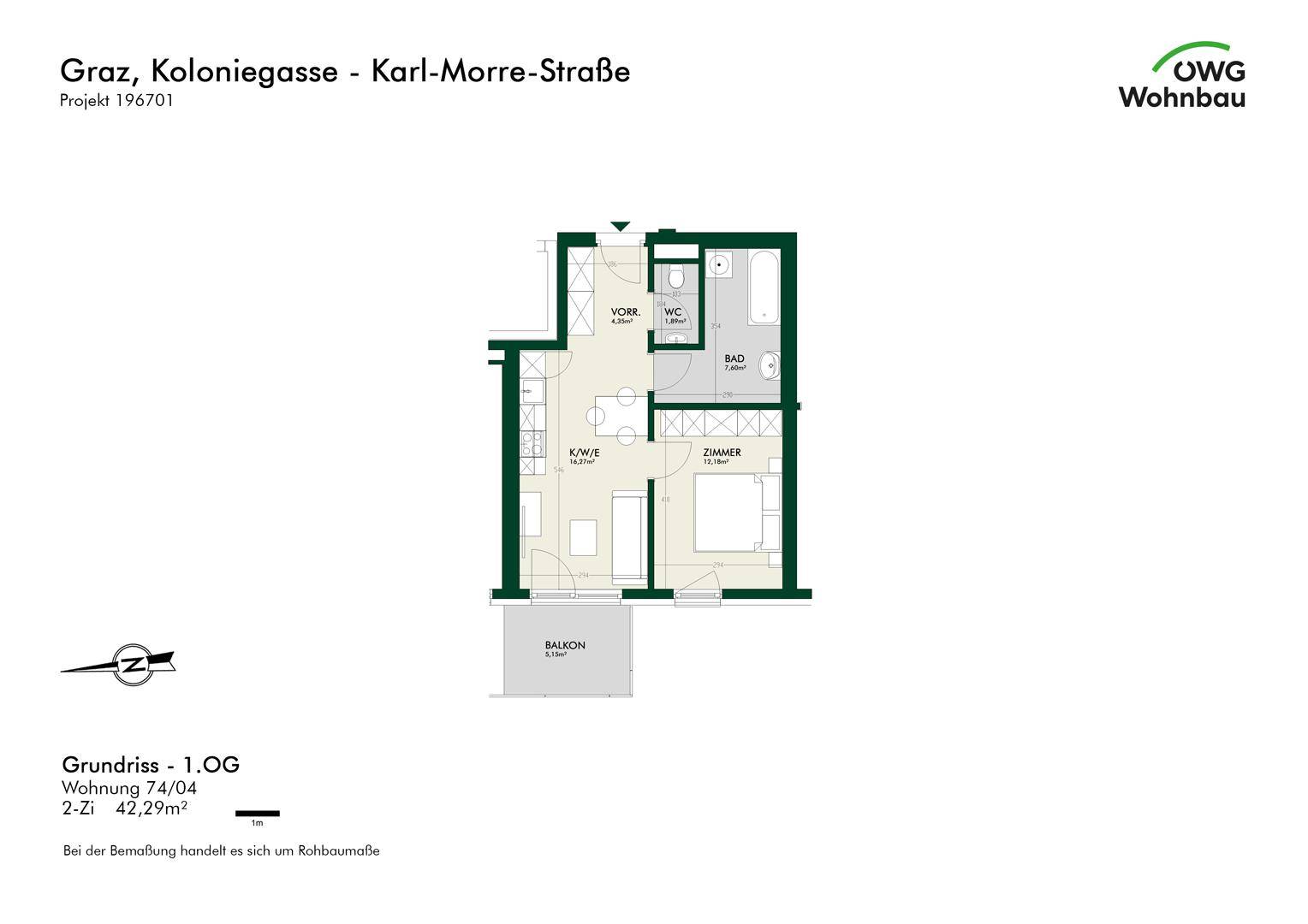 Grundriss einer Wohnung mit einem Zimmer, Bad, separatem WC und einem Balkon.