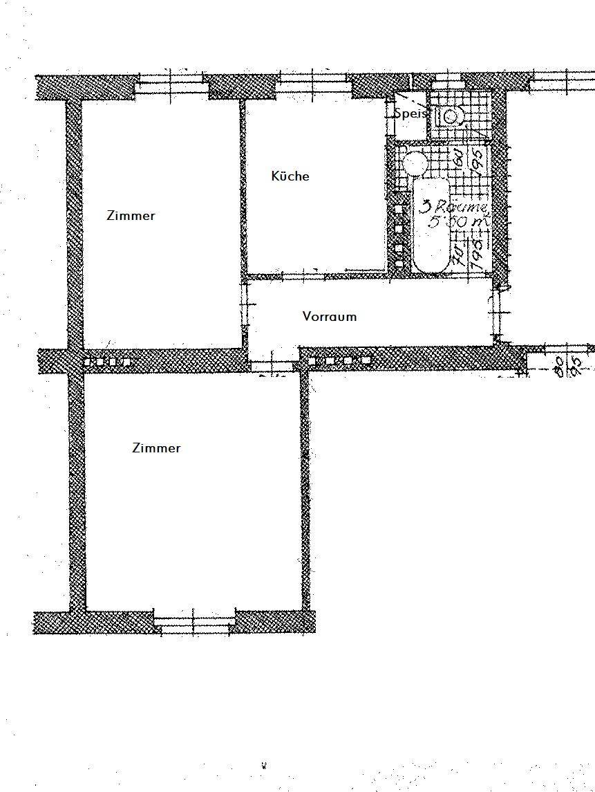 Grundriss einer Wohnung mit zwei Zimmern, Küche, Vorraum, Badezimmer und separater Speisekammer.