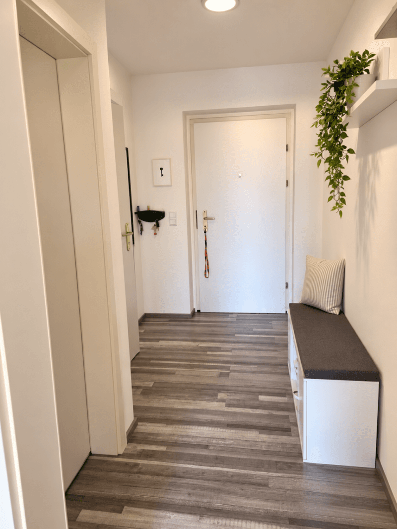 Heller Eingangsbereich mit modernem Laminatboden, weißer Bank und dekorativer Hängepflanze.