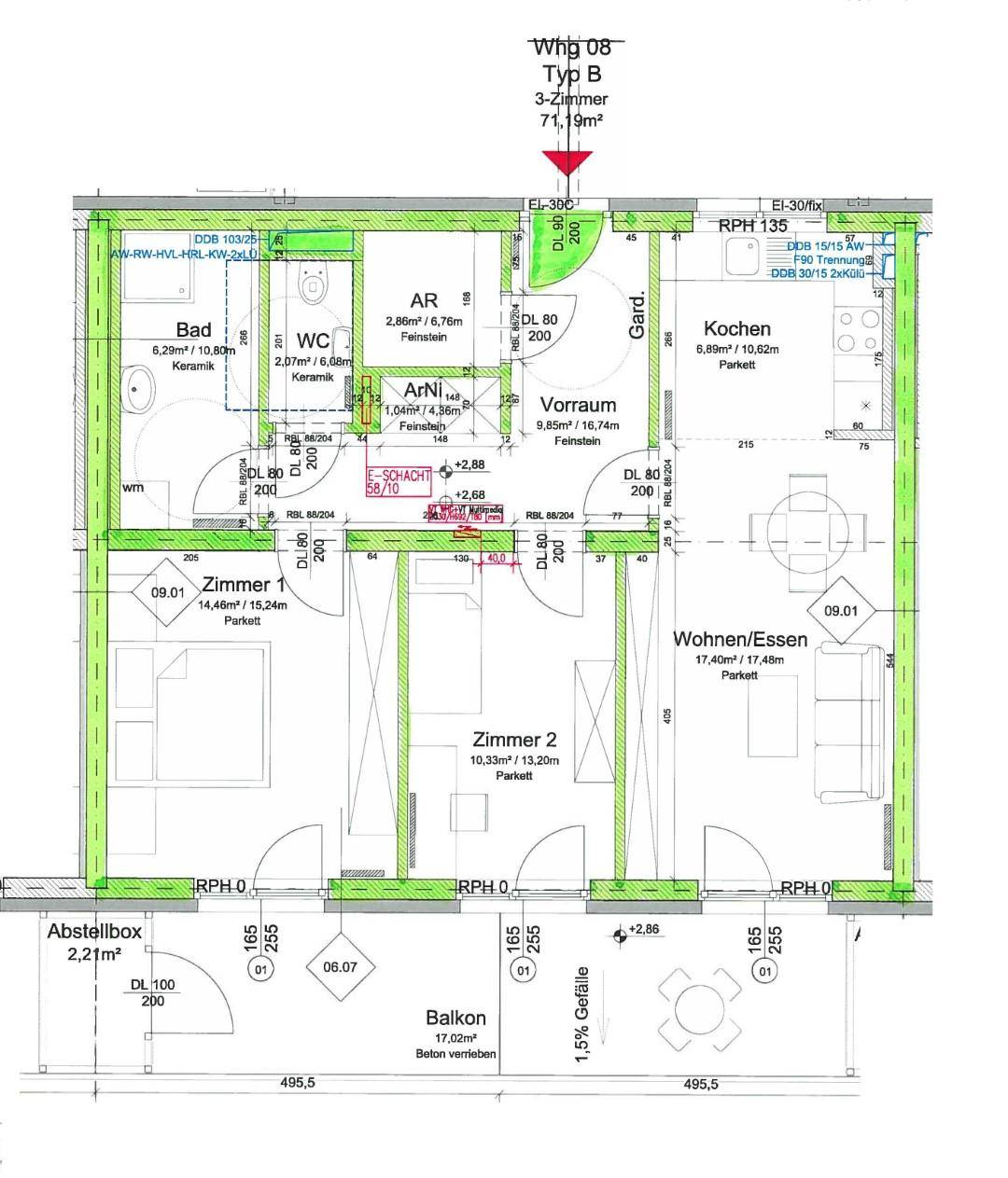 Grundriss einer 3-Zimmer-Wohnung mit offenem Wohnbereich, separatem WC und großem Balkon.