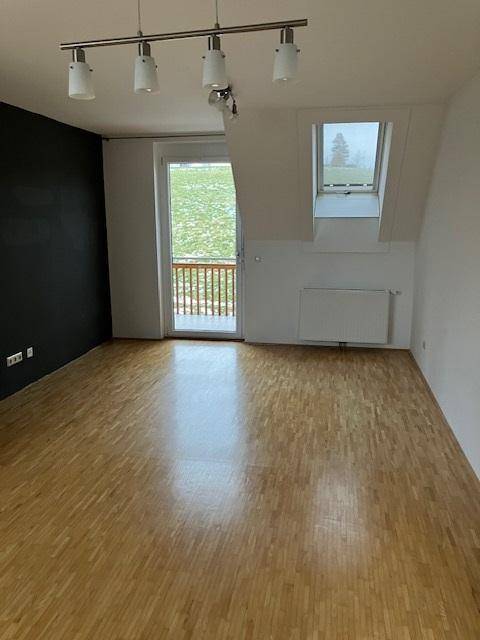 Geräumiger Raum mit Holzboden, Dachfenster und Balkontür, ideal für Schlaf- oder Wohnbereich.