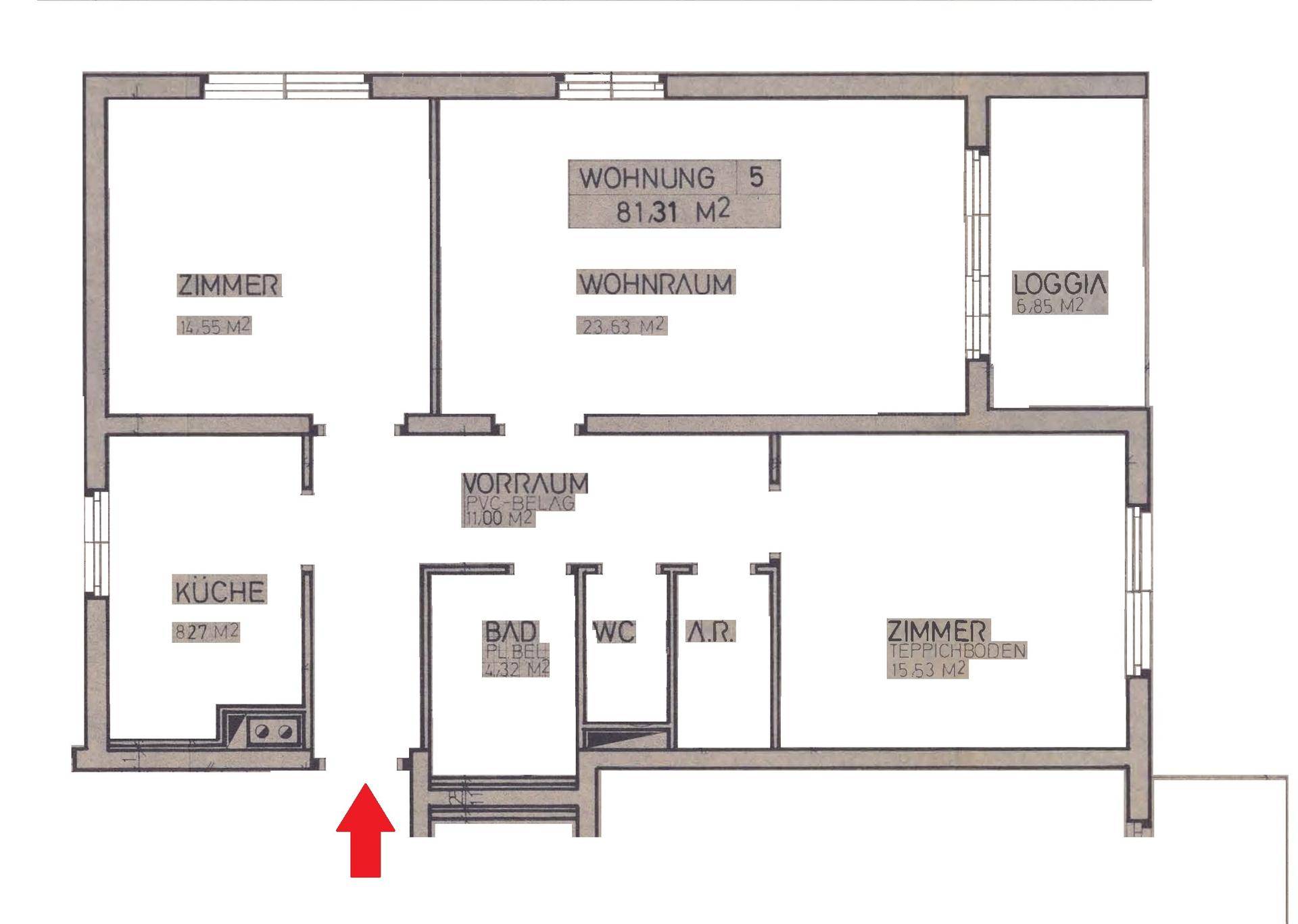 Grundriss einer 81,31 m² großen Wohnung mit Wohnraum, Küche, Bad, WC und Loggia.