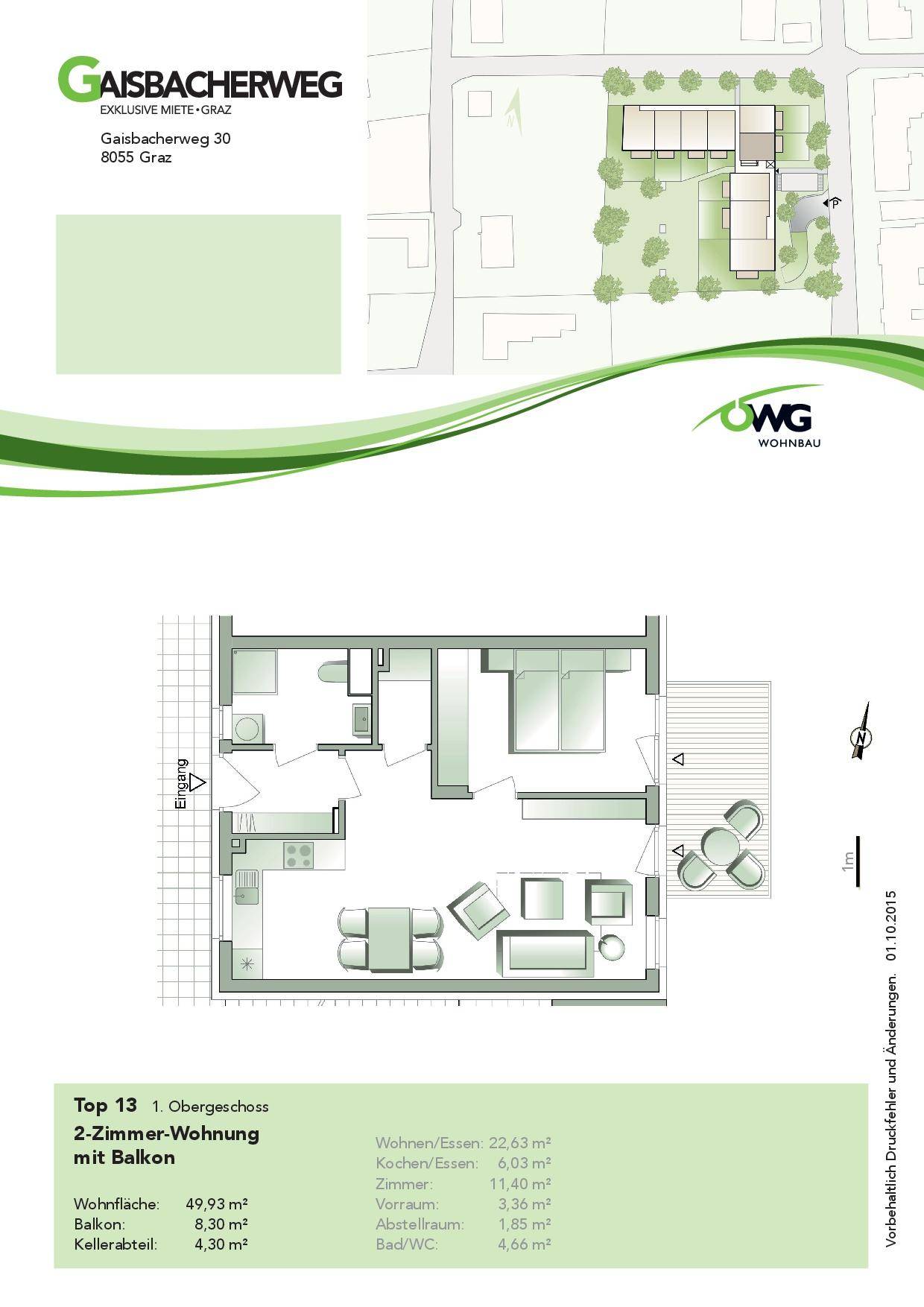 Grundriss einer 2-Zimmer-Wohnung mit Balkon und detaillierten Flächenangaben.
