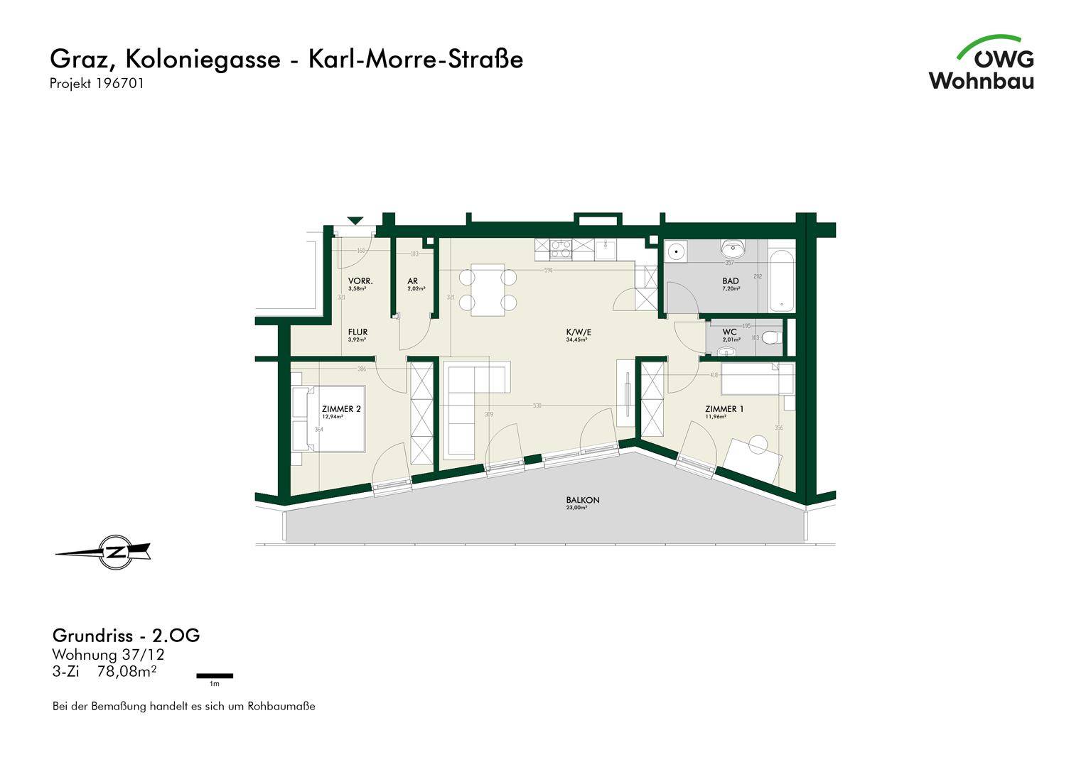 Grundriss einer 3-Zimmer-Wohnung im 2. Obergeschoss mit offenem Wohnbereich und Balkon.