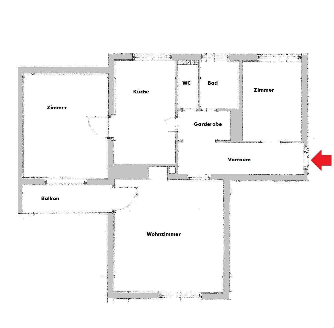 Grundriss einer Wohnung mit drei Zimmern, separater Küche, Bad, WC und Balkon.