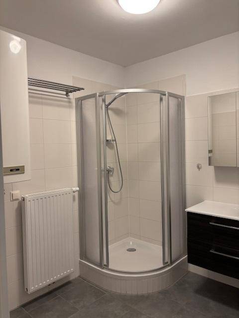 Badezimmer mit Eckdusche, Heizkörper und einem modernen Waschtisch mit dunklen Schubladen.