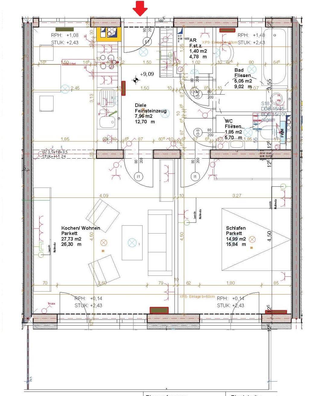 Detaillierter Grundriss einer Wohnung mit offenem Wohnbereich, Schlafzimmer, Bad und separatem WC.