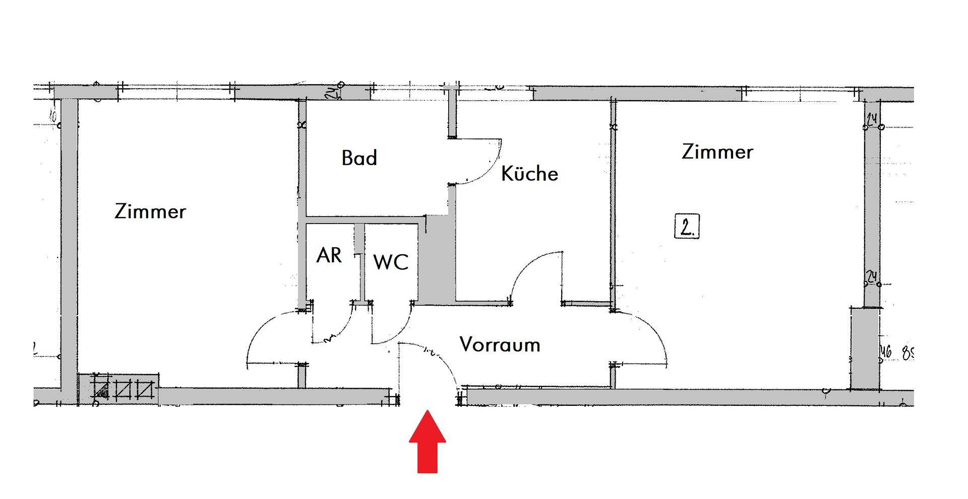 Grundriss einer Wohnung mit zwei Zimmern, separatem Bad, WC, Küche und Vorraum.