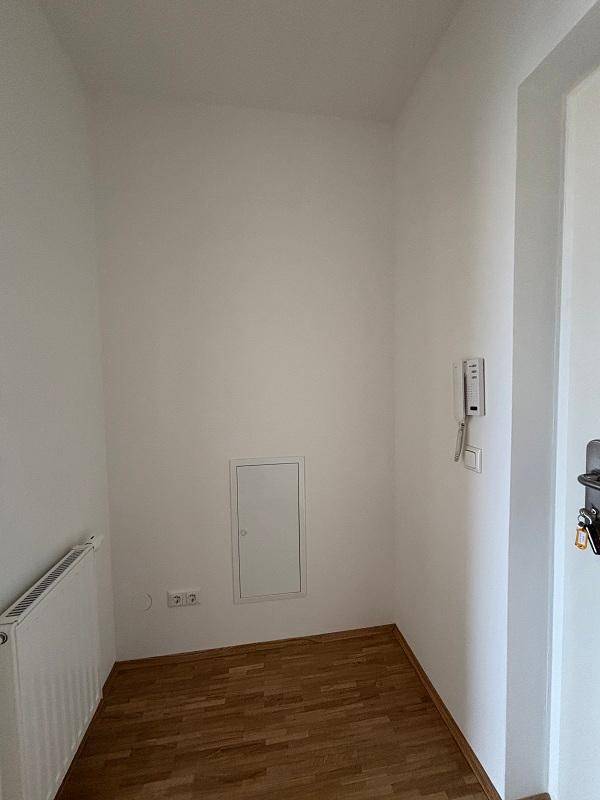 Heller Flur mit Holzparkettboden, Heizkörper und Gegensprechanlage, in gutem Zustand.