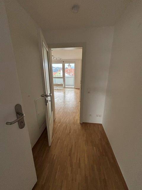 Flur mit Parkettboden, der in den hellen Wohnbereich mit Balkonzugang und viel Tageslicht führt.
