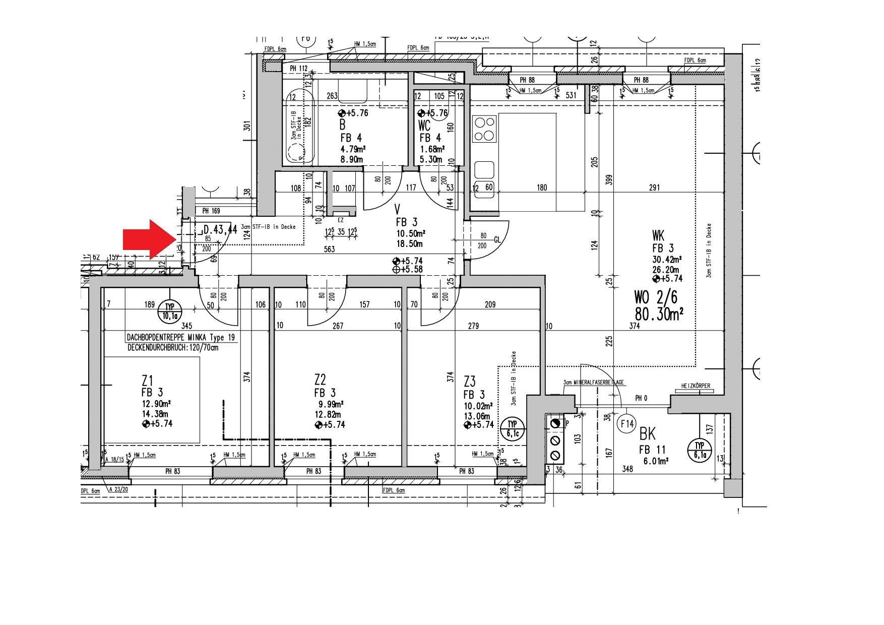 Detaillierter Grundriss einer Wohnung mit mehreren Zimmern und Balkon.