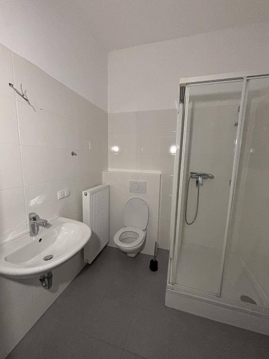 Modernes Badezimmer mit Dusche, WC, Waschbecken und weißen Fliesen.