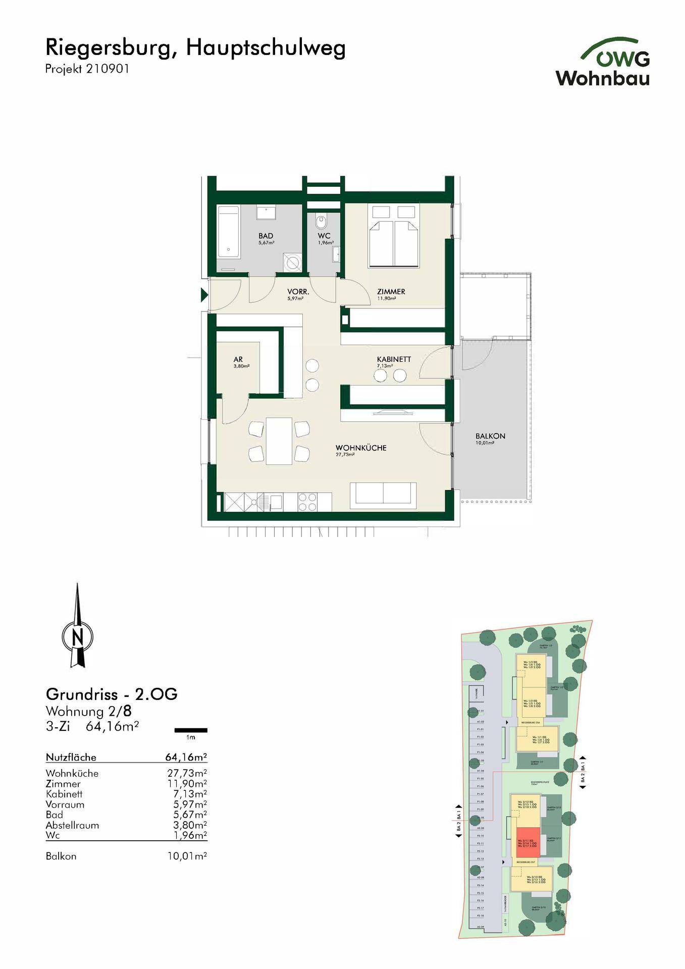 Grundriss einer Wohnung mit offener Wohnküche, Schlafzimmer, Bad, separatem WC und Balkon.