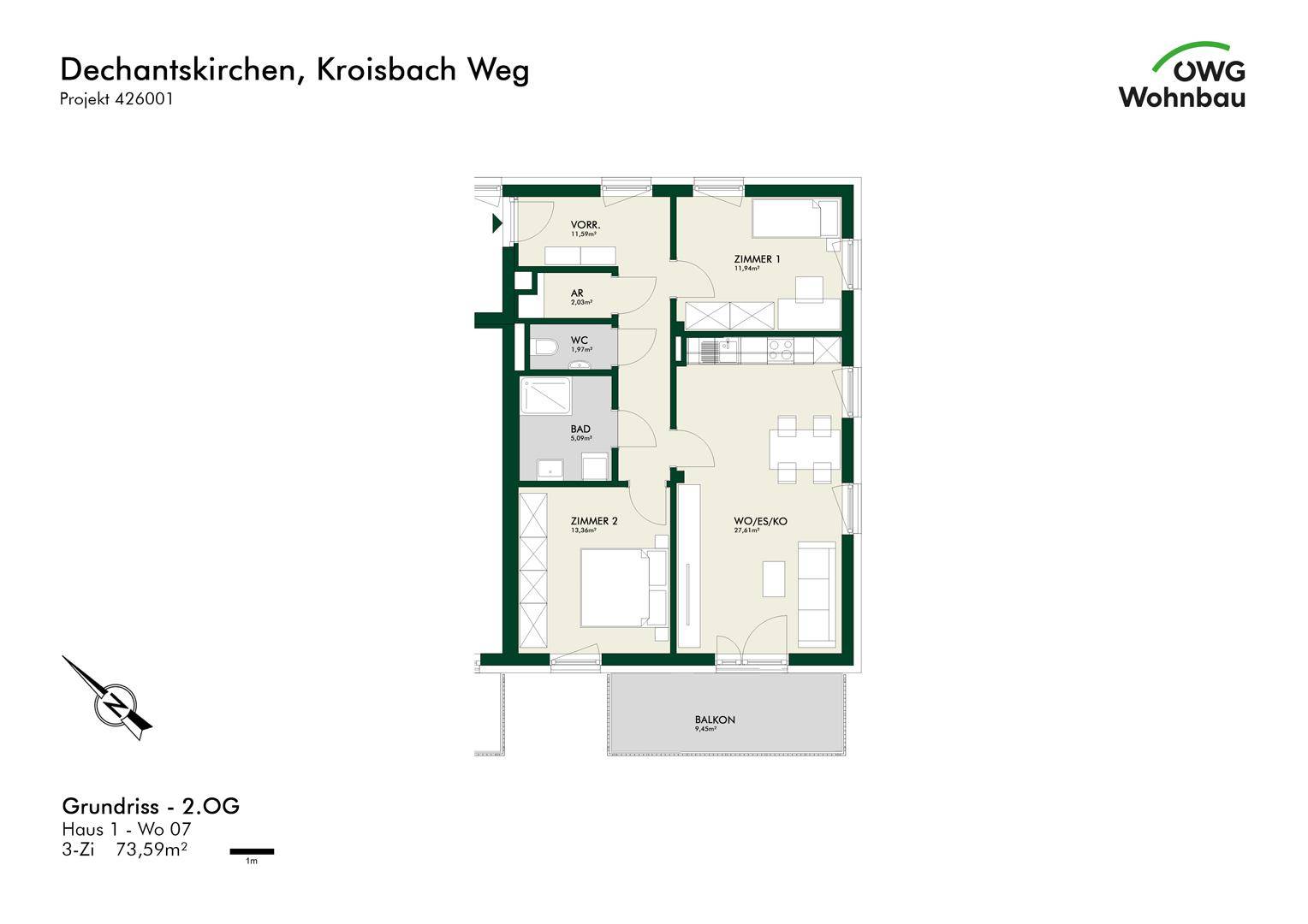 Grundriss einer Wohnung mit offenem Wohn-/Kochbereich, zwei Zimmern, Bad, WC und Balkon.