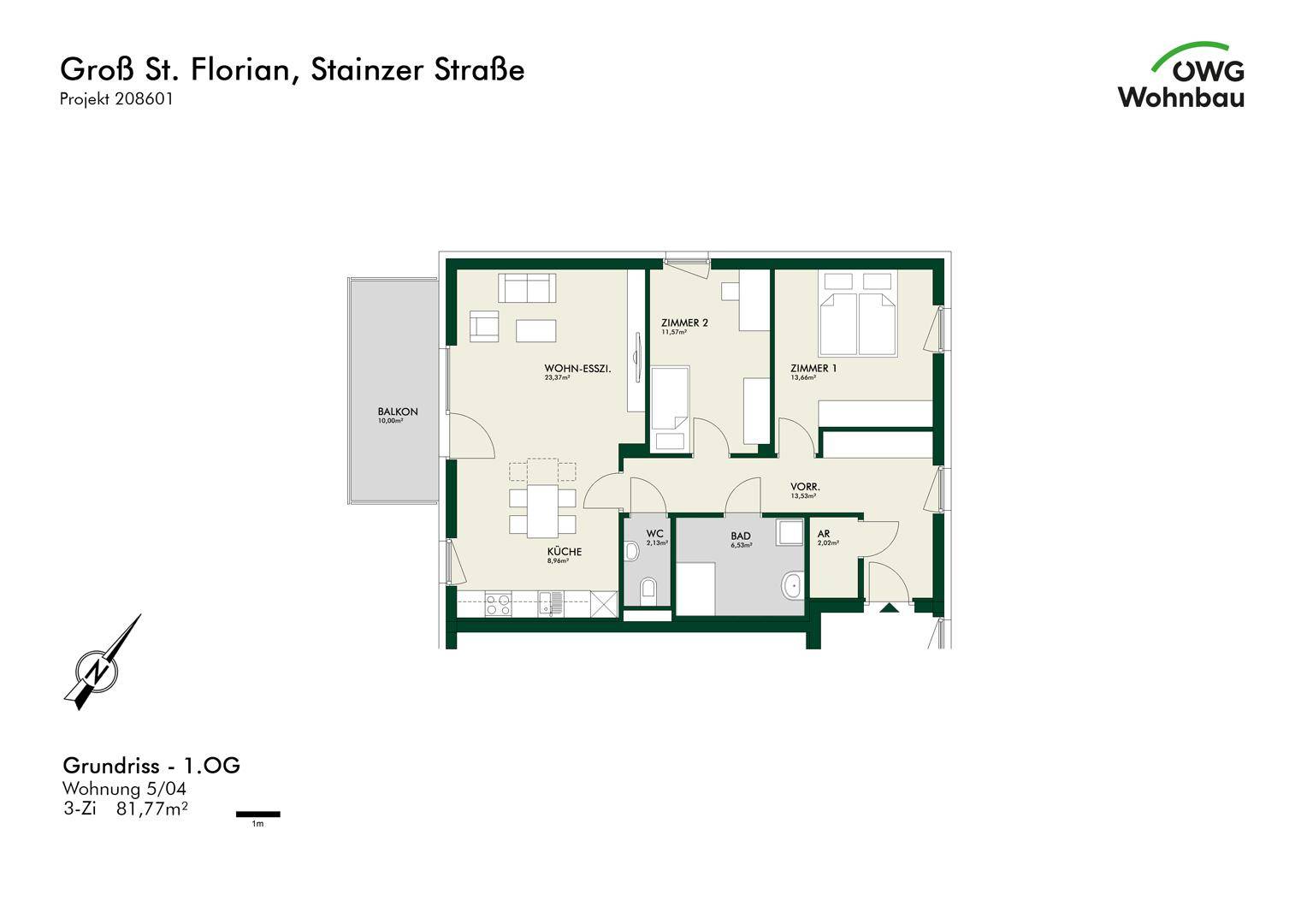 Grundriss einer 3-Zimmer-Wohnung mit offenem Wohn-Essbereich, separater Küche, zwei Schlafzimmern und Balkon.
