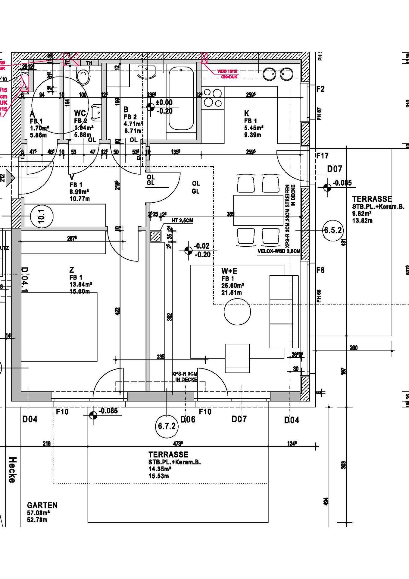 Grundriss einer Wohnung mit offenem Wohnbereich, zwei Terrassen und direktem Gartenzugang.