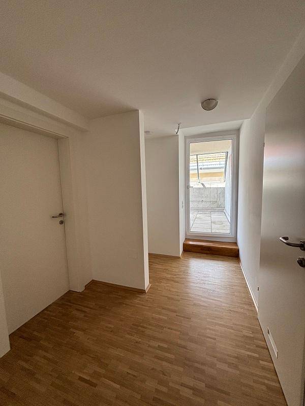Heller Flur mit Holzparkettboden und Zugang zu einem Außenbereich, Türen zu weiteren Räumen.