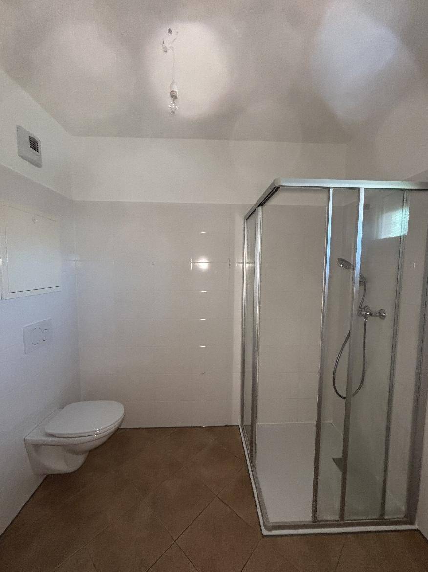 Badezimmer mit Duschkabine und wandhängender Toilette, ausgestattet mit weißen Fliesen und braunem Boden.