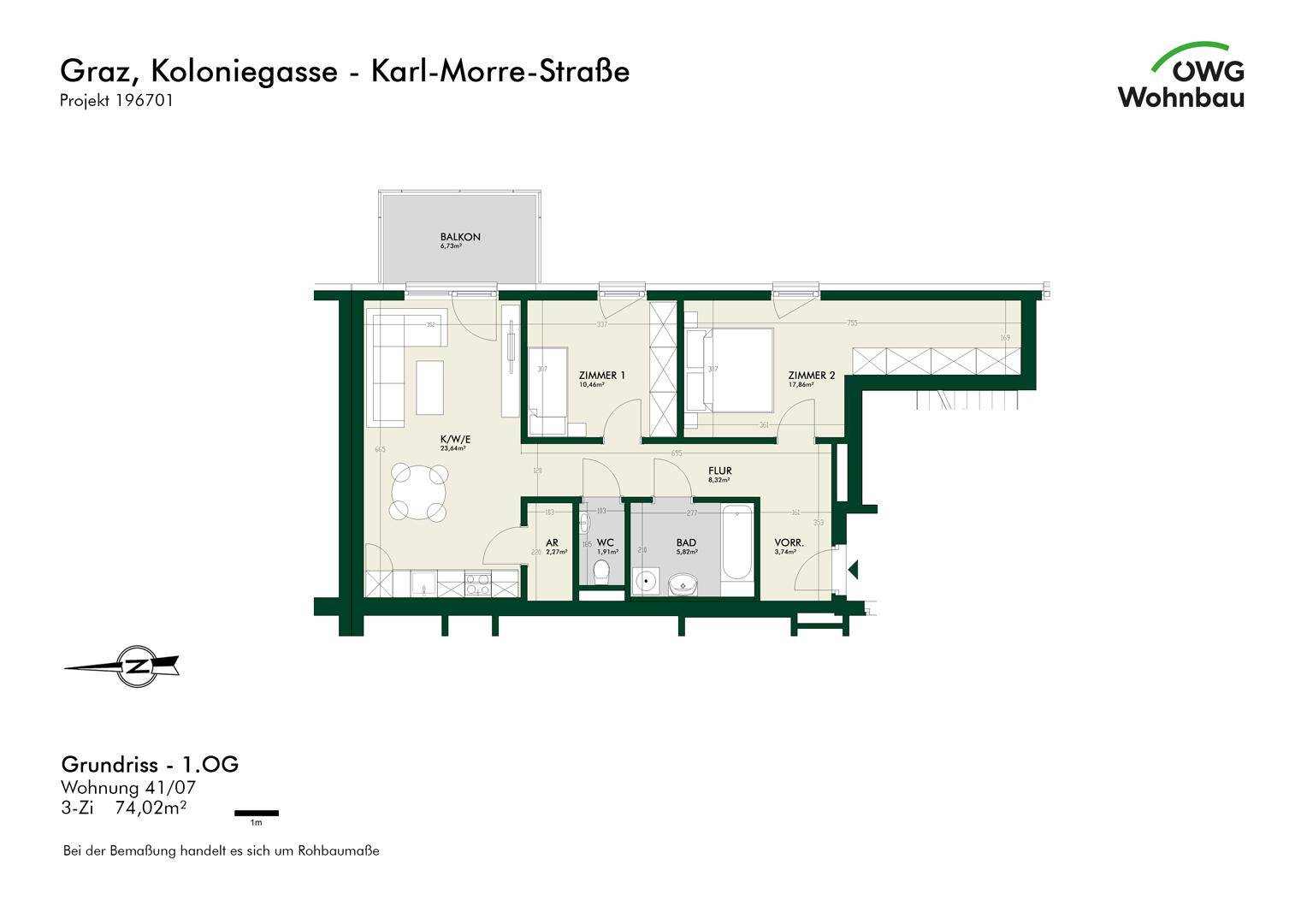 Grundriss einer 3-Zimmer-Wohnung im ersten Obergeschoss mit Balkon und separatem WC.