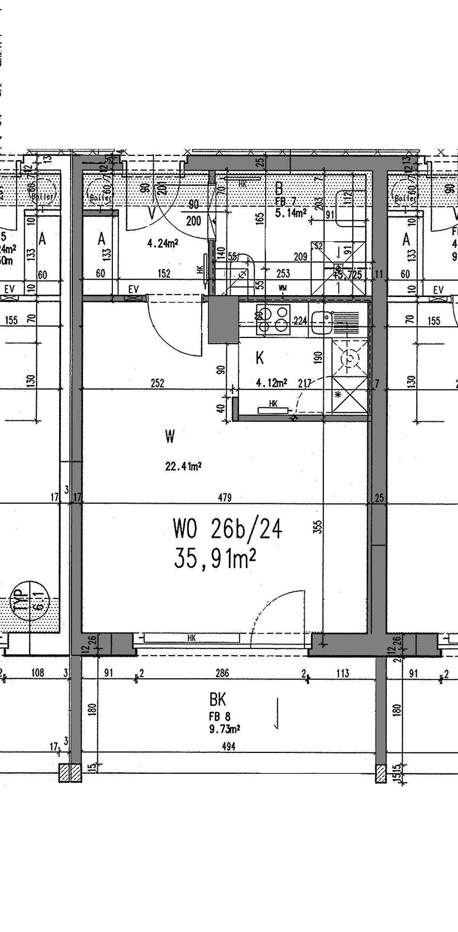 Grundriss einer Wohnung mit 35,91m² Wohnfläche, inklusive Küche und Bad.