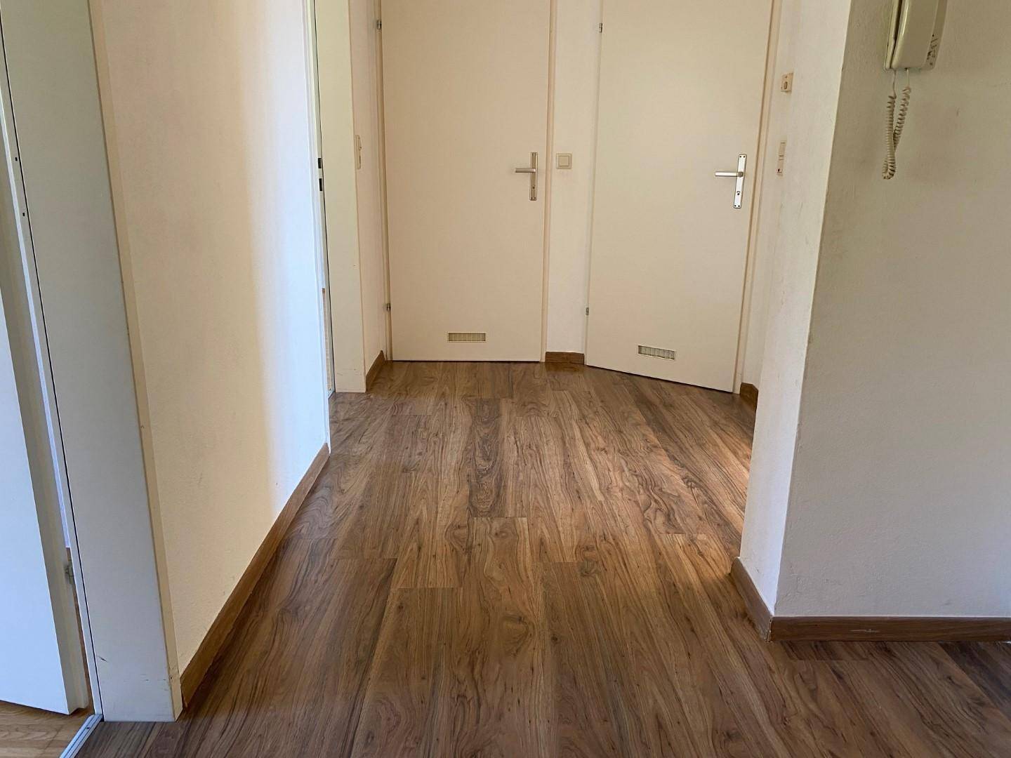 Flur mit Laminatboden und mehreren Türen, der die verschiedenen Räume verbindet.