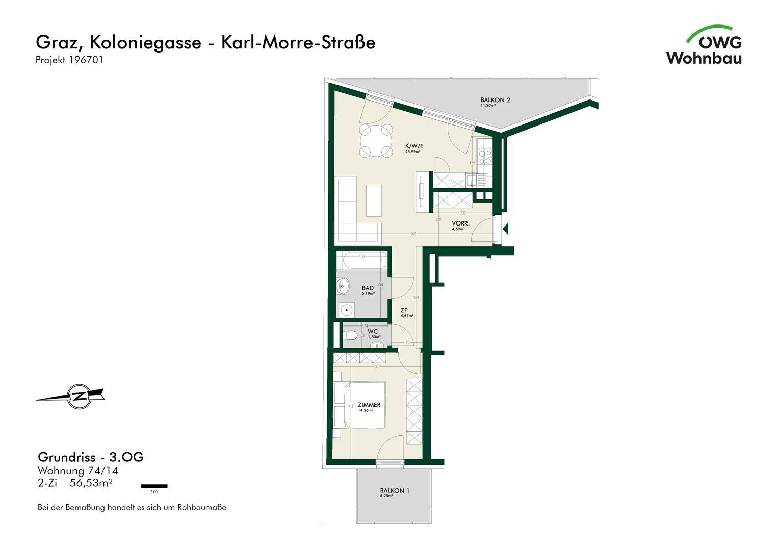 Grundriss einer Wohnung mit offenem Wohnbereich, separatem WC und zwei Balkonen.