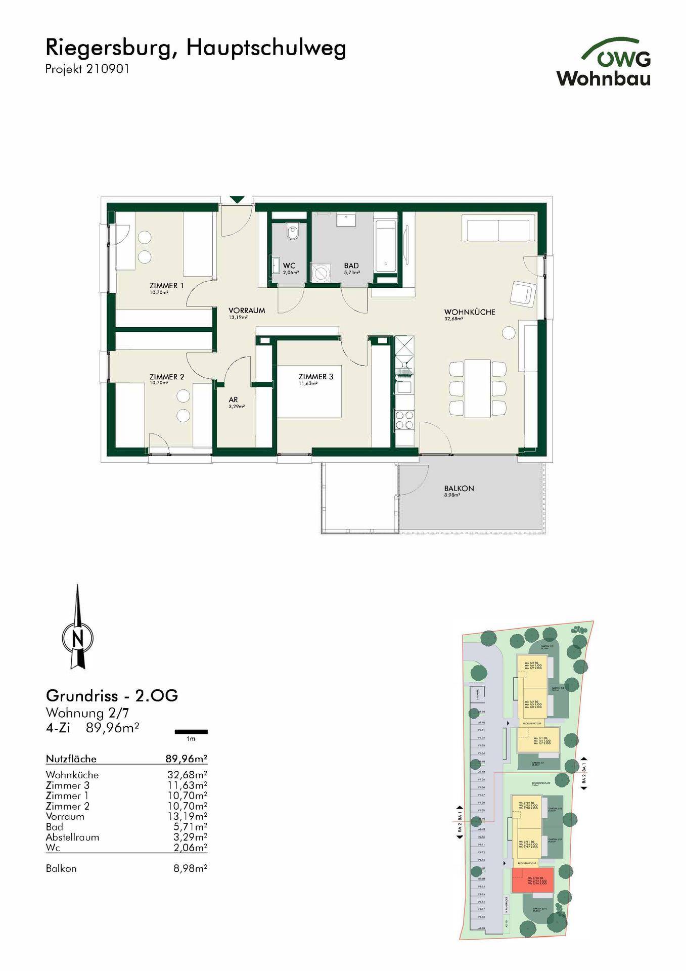 Grundriss der Wohnung 2/7 im 2. Obergeschoss mit drei Zimmern, offener Wohnküche und Balkon.