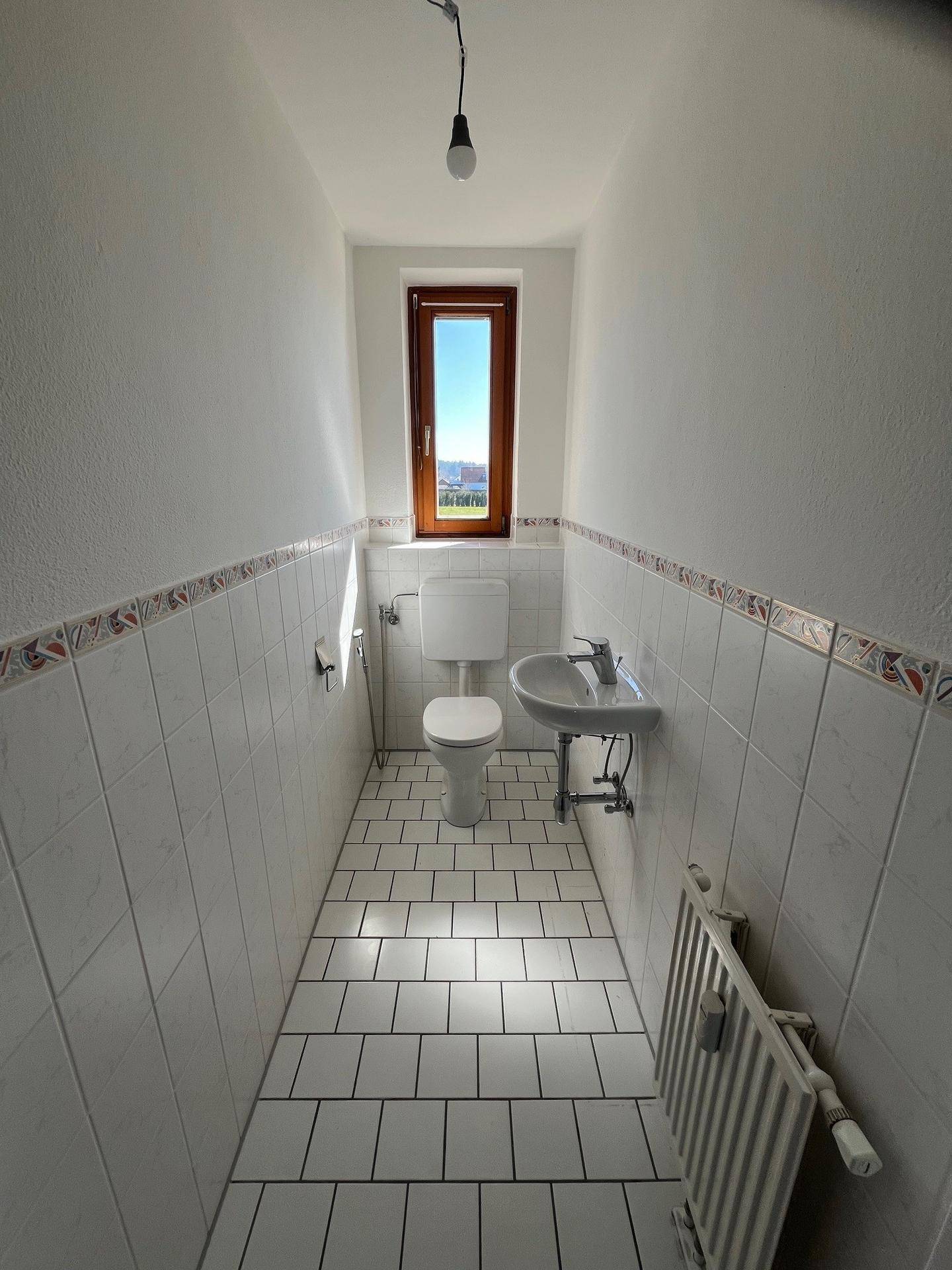 Schmale Gästetoilette mit Fenster, weißen Fliesen und einem kleinen Waschbecken, funktional und sauber.