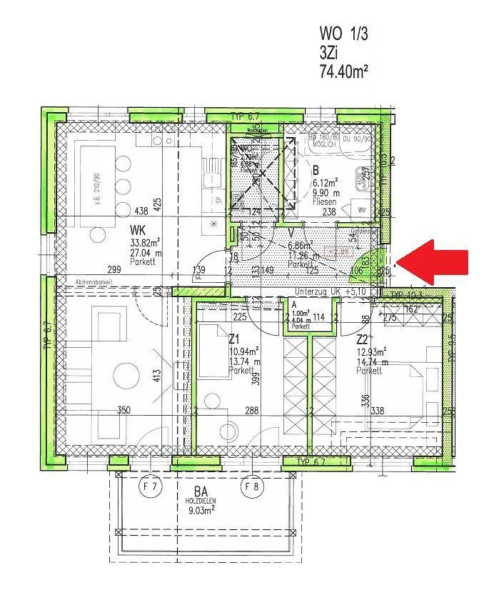 Grundriss einer 3-Zimmer-Wohnung mit 74,40 m² Wohnfläche und Balkon.