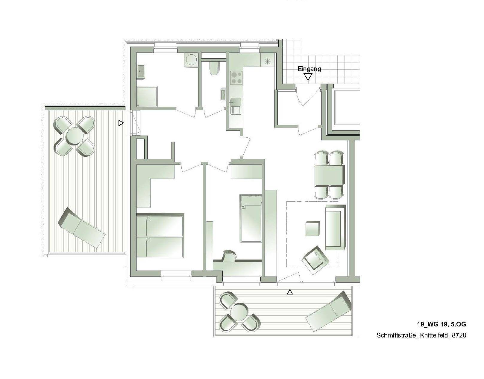 Grundriss einer Wohnung im 5. Obergeschoss mit zwei Balkonen und offenem Wohnbereich.