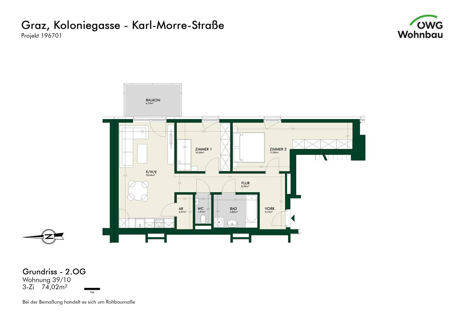 Grundriss einer 3-Zimmer-Wohnung mit Balkon und separatem WC.
