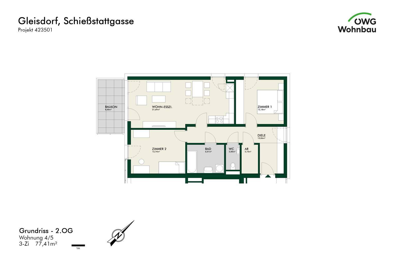Grundriss einer 3-Zimmer-Wohnung im 2. Obergeschoss mit offenem Wohn-Essbereich und Balkon.