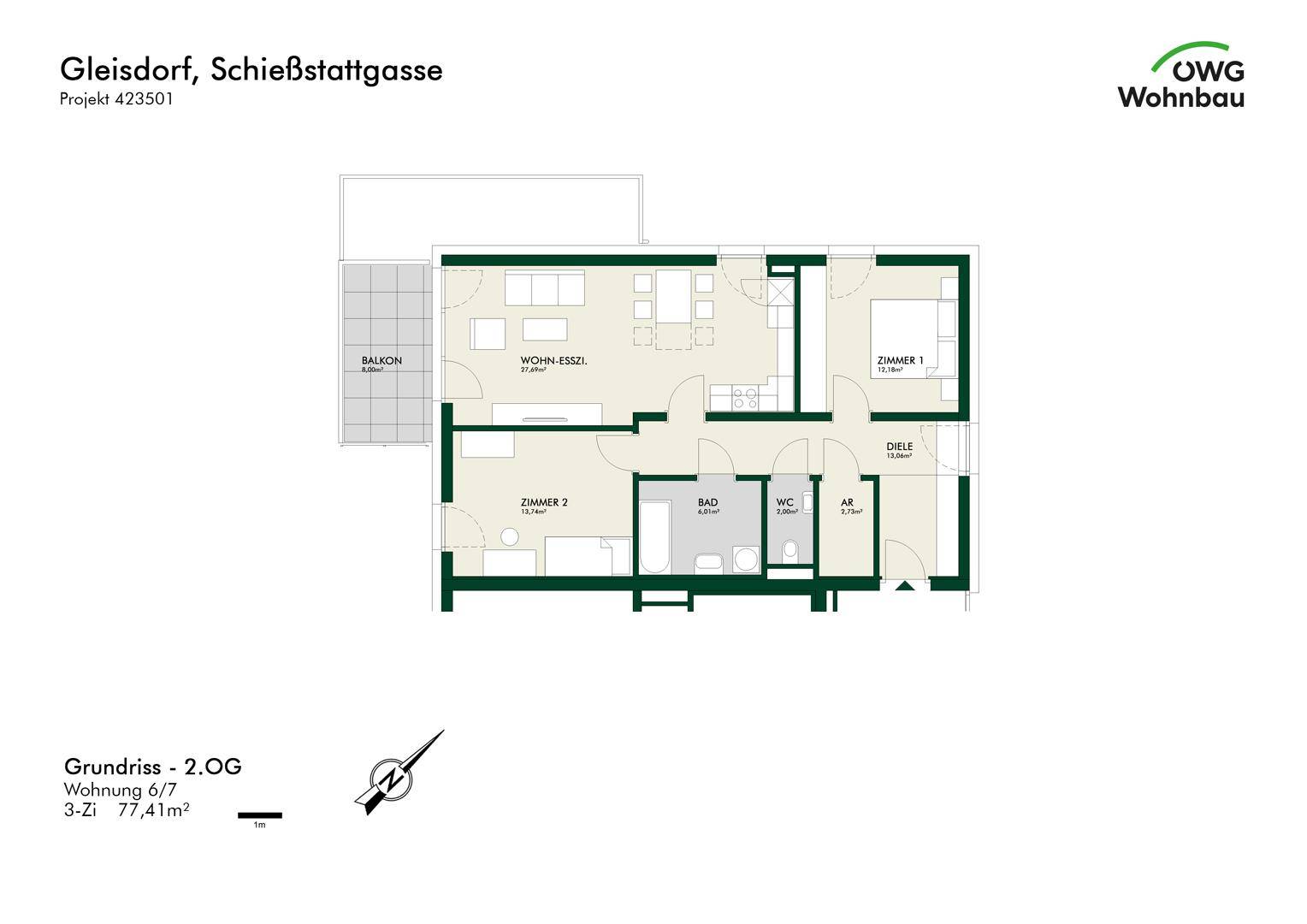 Grundriss einer 3-Zimmer-Wohnung im 2. Obergeschoss mit offenem Wohn-Essbereich und Balkon.