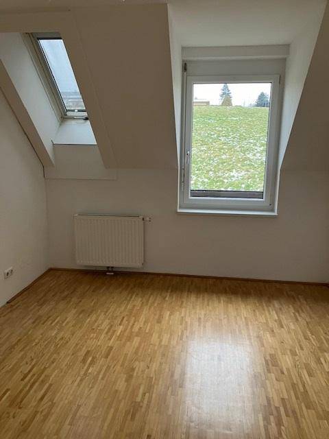 Unmöblierter Raum mit Parkettboden, einem großen Fenster und einem Dachfenster.