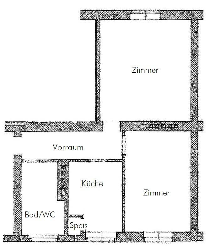 Grundriss einer Wohnung mit zwei Zimmern, Küche, Bad/WC, Vorraum und einer Speisekammer.