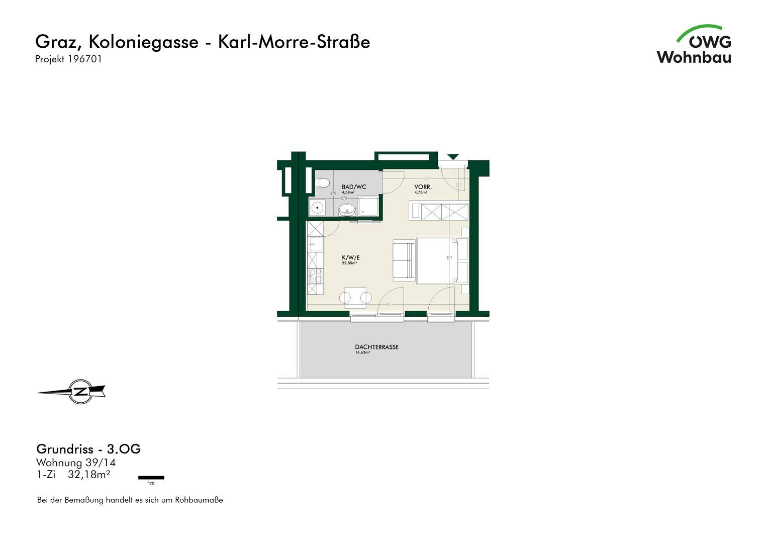 Grundriss einer Wohnung im 3. Obergeschoss mit einem Zimmer, Bad und Dachterrasse.