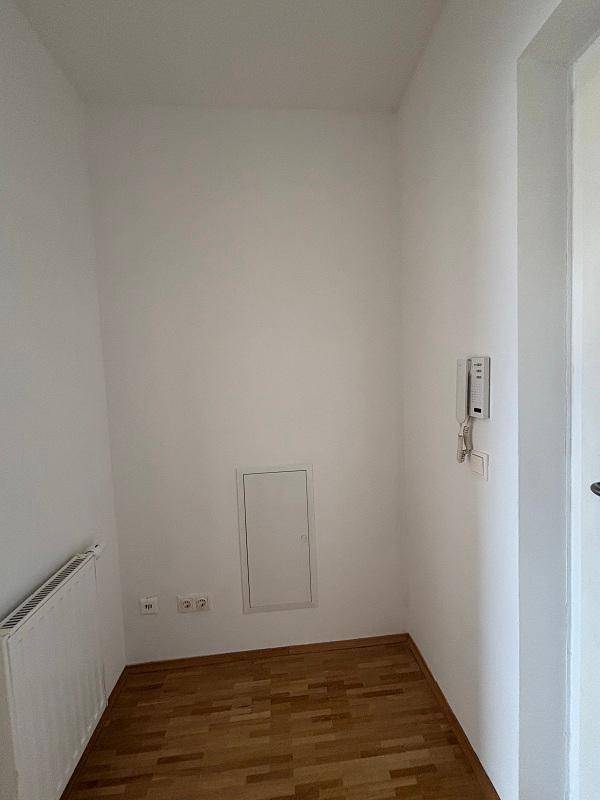 Kleiner Flurbereich mit Holzparkett, Heizkörper und Gegensprechanlage.