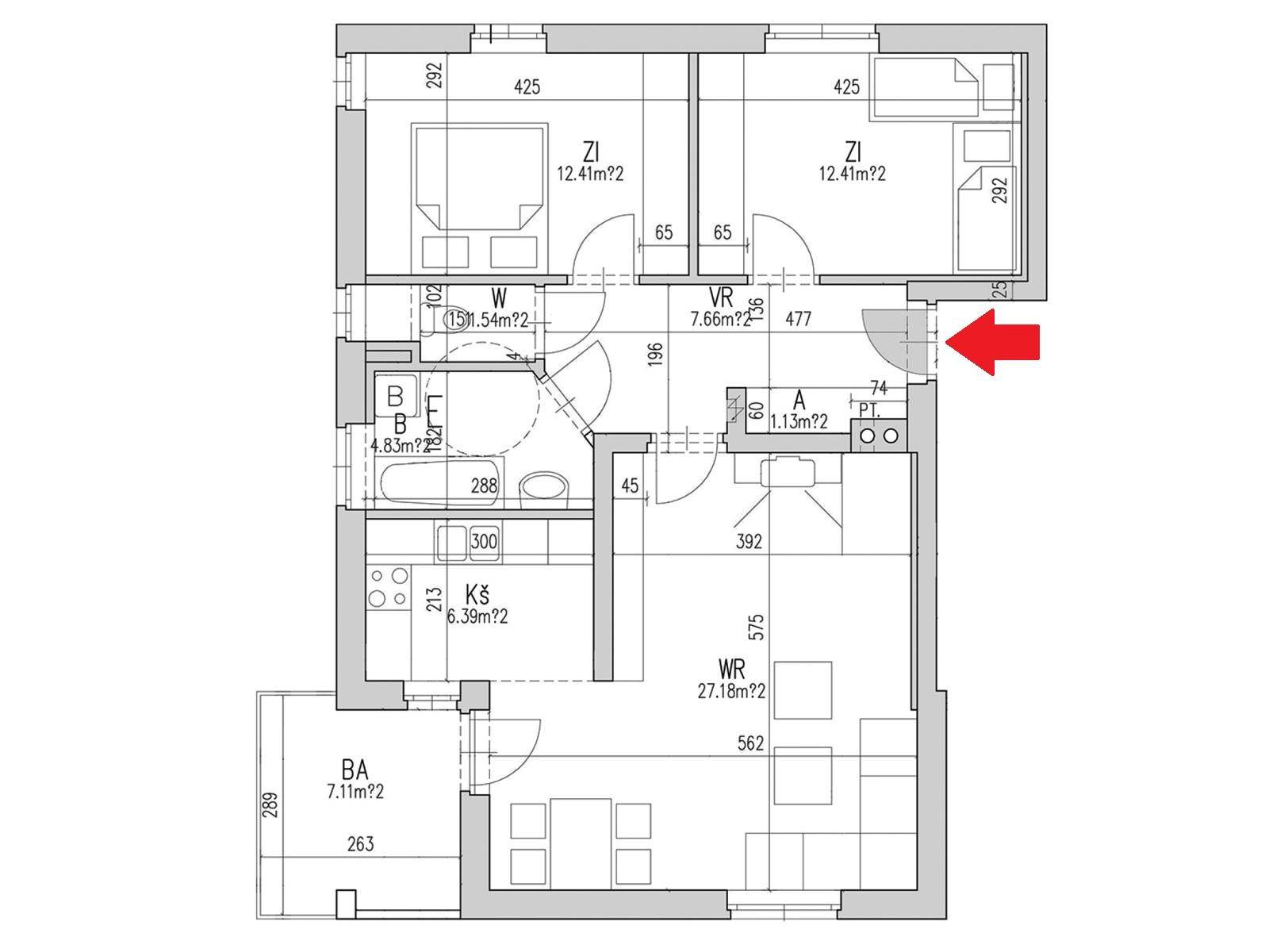 Grundriss einer Wohnung mit zwei Schlafzimmern, einem Wohnzimmer, separater Küche und Balkon.