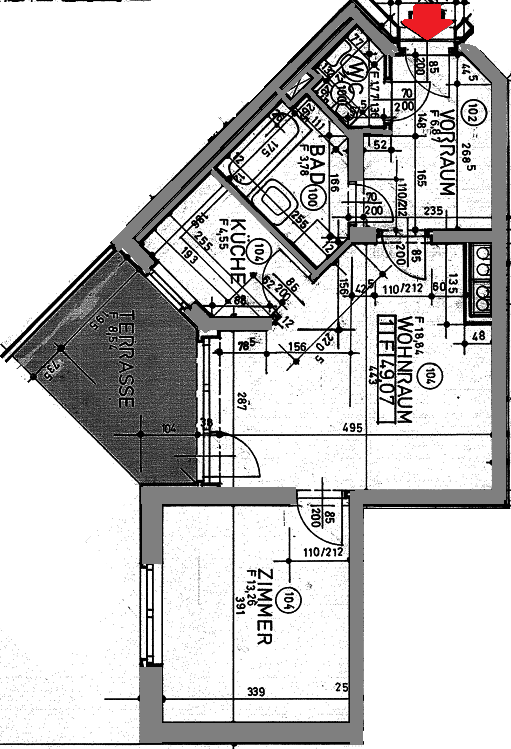 Grundriss einer Wohnung mit Wohnraum, Küche, Bad, separatem WC und einer großen Terrasse.