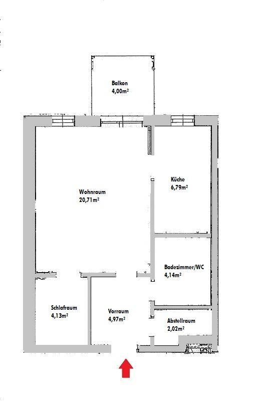 Grundriss einer Wohnung mit Balkon, Wohnraum, Schlafzimmer und separater Küche.