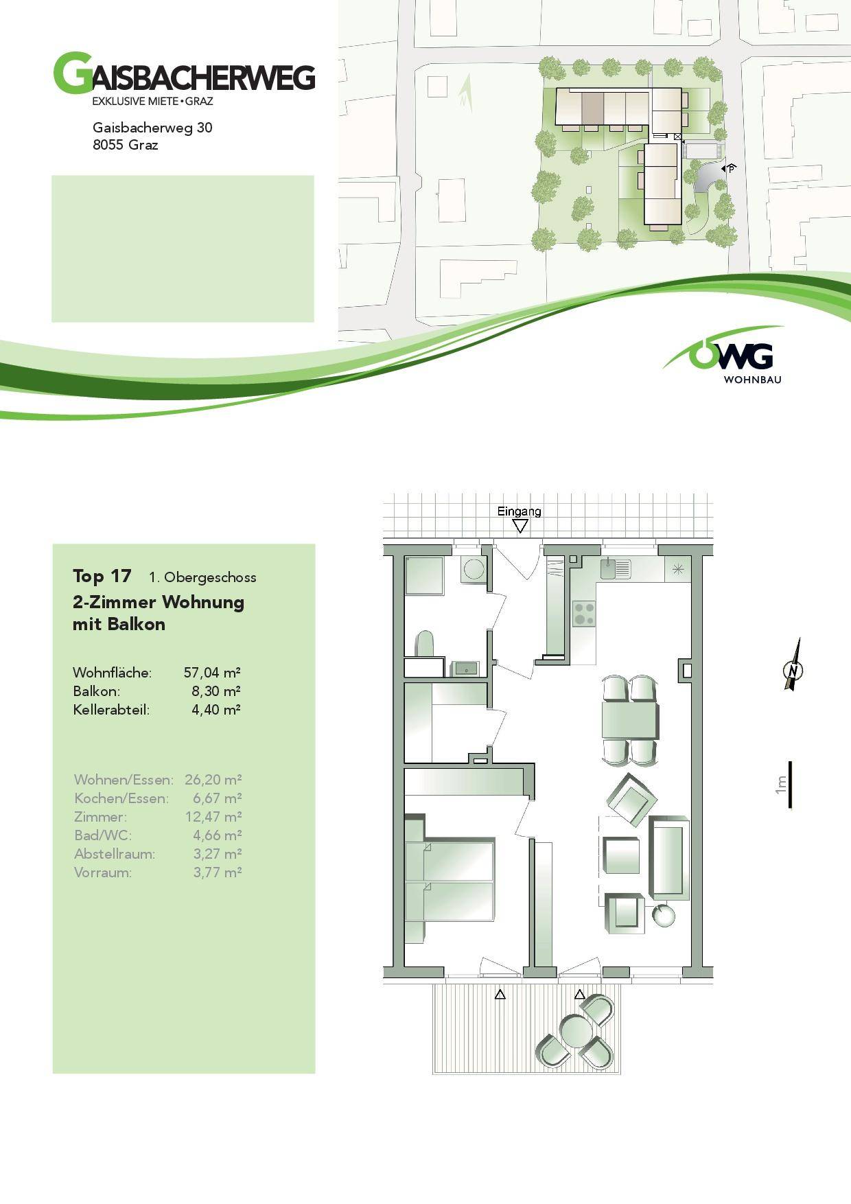 Grundriss einer 2-Zimmer-Wohnung im Obergeschoss mit Balkon und detaillierten Flächenangaben.