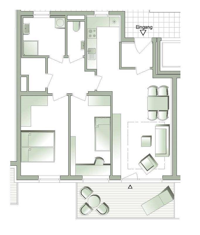 Grundriss einer Wohnung mit offenem Wohnbereich, integrierter Küche und großer Terrasse.