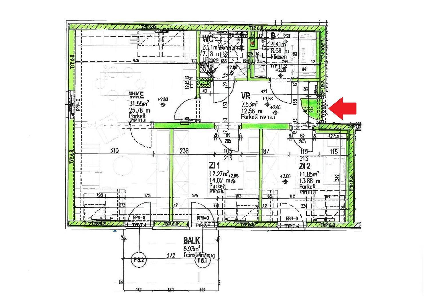 Detaillierter Grundriss der Wohnung mit Raumaufteilung und Balkon.