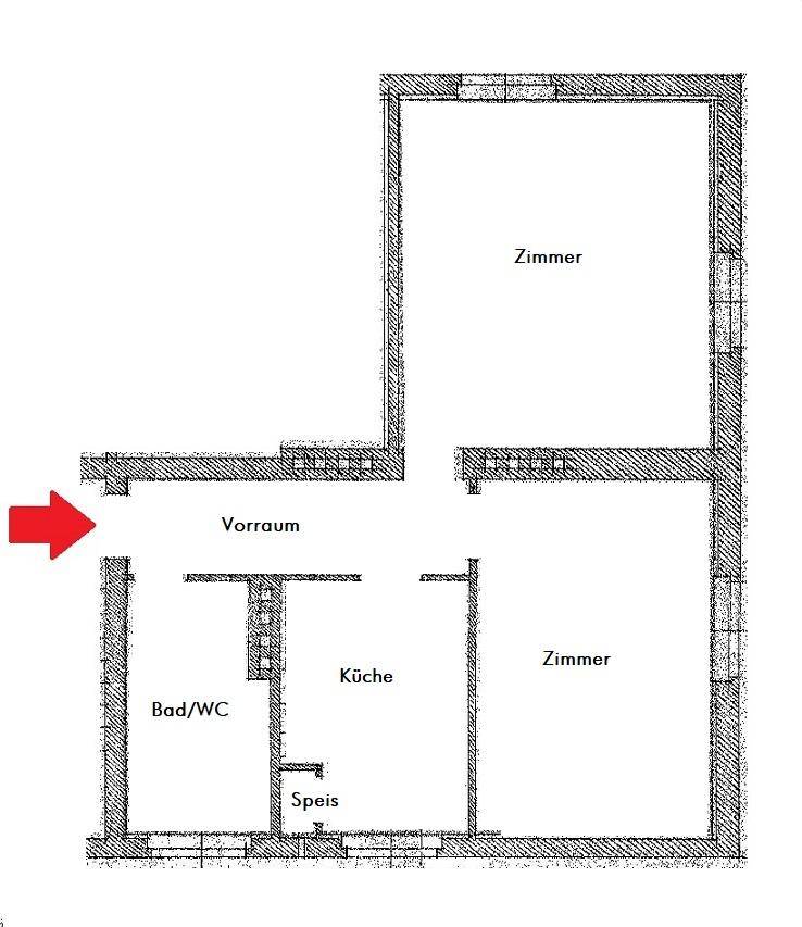 Grundrissplan einer Wohnung mit separater Küche, Bad/WC, Vorraum und zwei Zimmern.