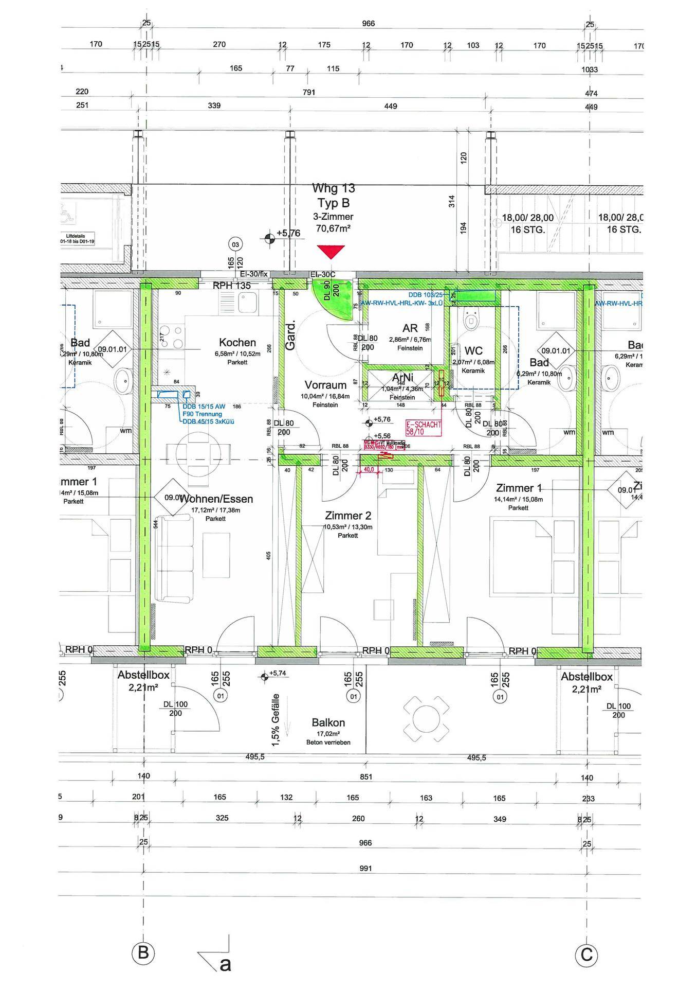 Grundriss einer 3-Zimmer-Wohnung mit Balkon, offener Wohnküche und zwei Bädern.