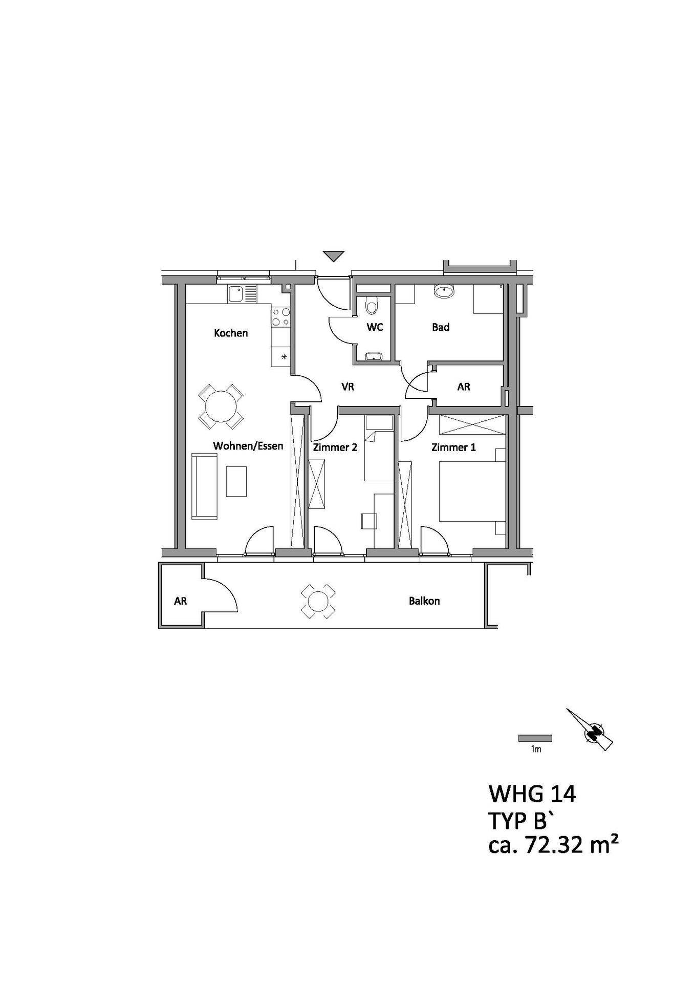 Grundriss der Wohnung WHG 14 Typ B mit ca. 72.32 m² Wohnfläche und Balkon.